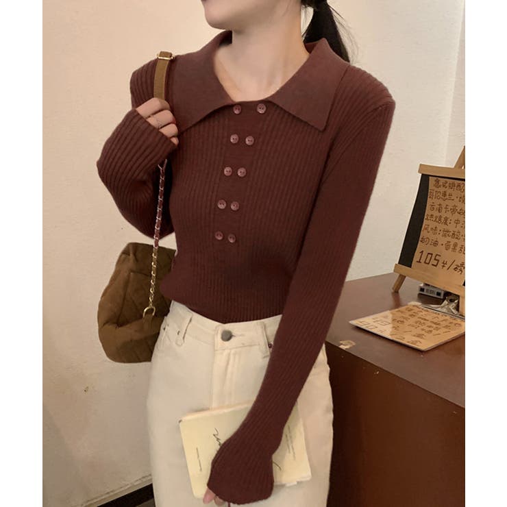 ブラウン | ポロニットトップスきれいめニットセーター | Miniministore