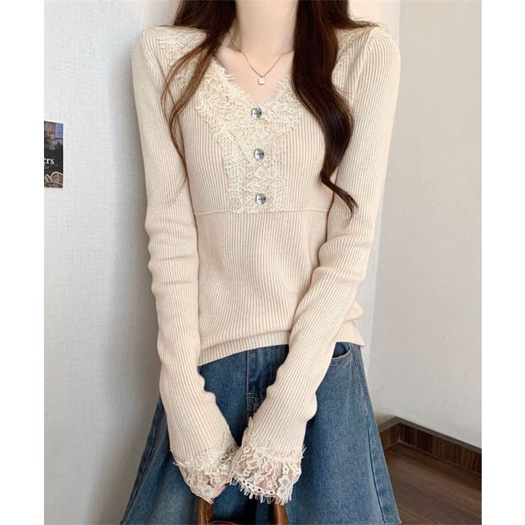 ピンクベージュ | ニットトップス レース切り替えリブニット | Miniministore