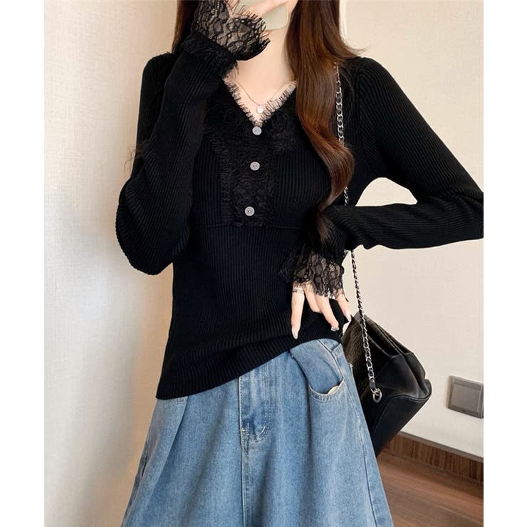 ブラック | ニットトップス レース切り替えリブニット | Miniministore