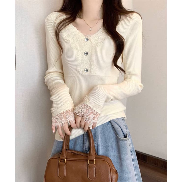 アイボリー | ニットトップス レース切り替えリブニット | Miniministore