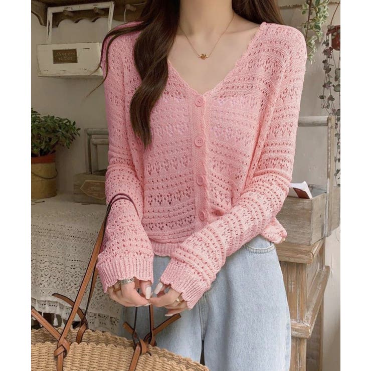 透かし編みカーディガンフェミニン夏羽織り[品番：AGCW0006731