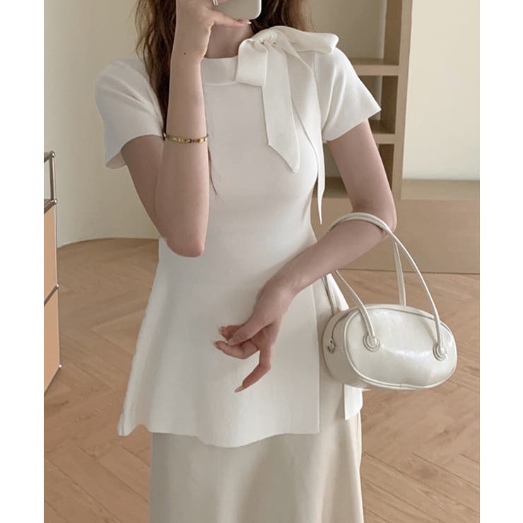 ホワイト | リボン付きニットトップス サイドスリット | Miniministore