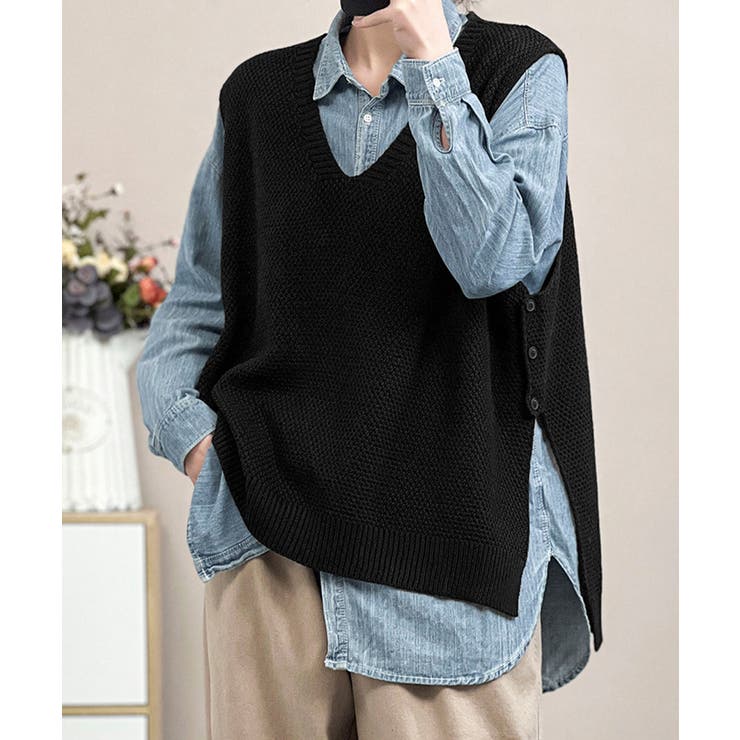 ブラック | ニットベスト サイドスリット ニットジレ | Miniministore