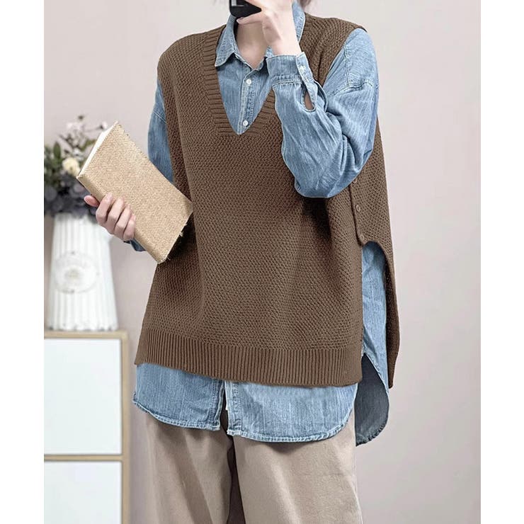 ライトブラウン | ニットベスト サイドスリット ニットジレ | Miniministore