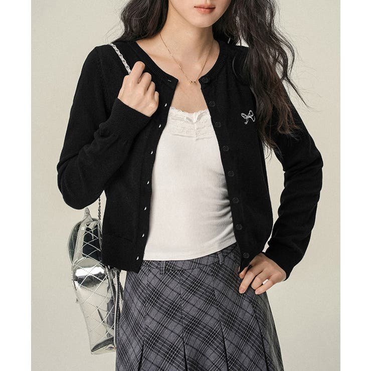 ブラック | ワンポイントカーディガン リボン刺しゅう | Miniministore