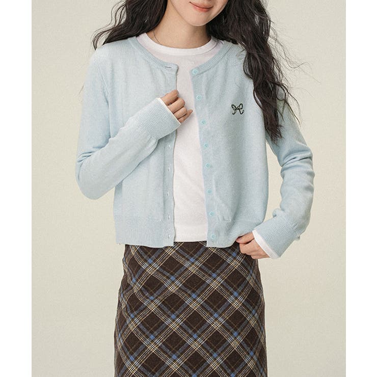 ライトブルー | ワンポイントカーディガン リボン刺しゅう | Miniministore