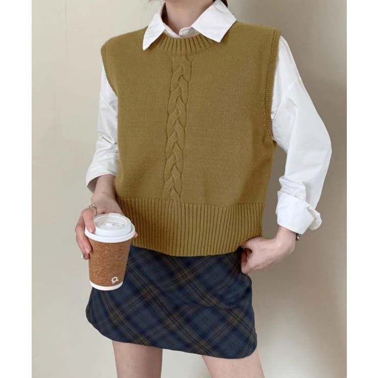 マスタード | ケーブル編み ニットベスト バックボタン | Miniministore