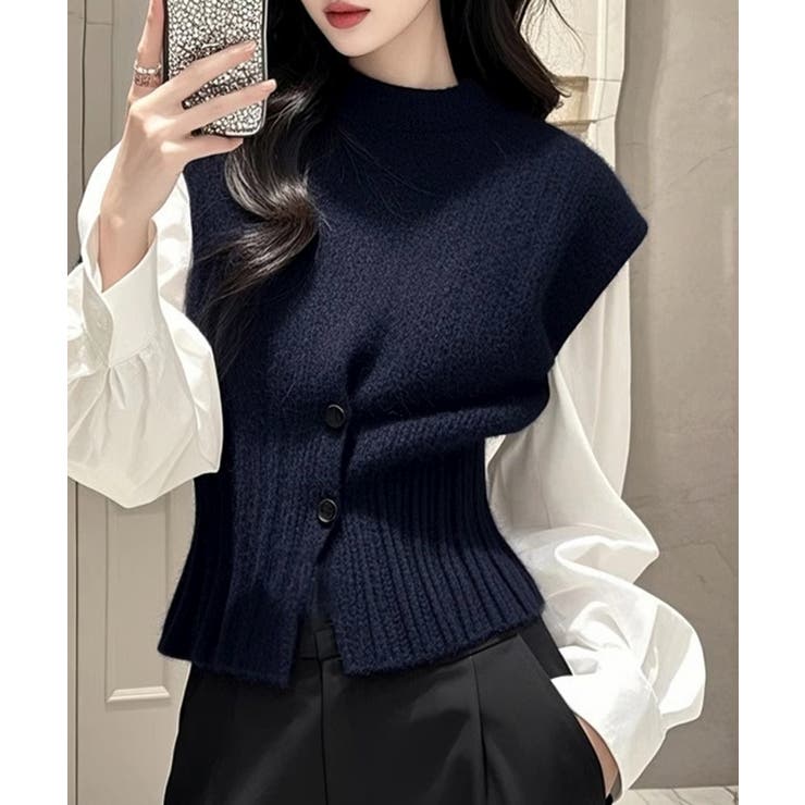 ネイビー | ニットベスト フロントボタン ニットジレ | Miniministore