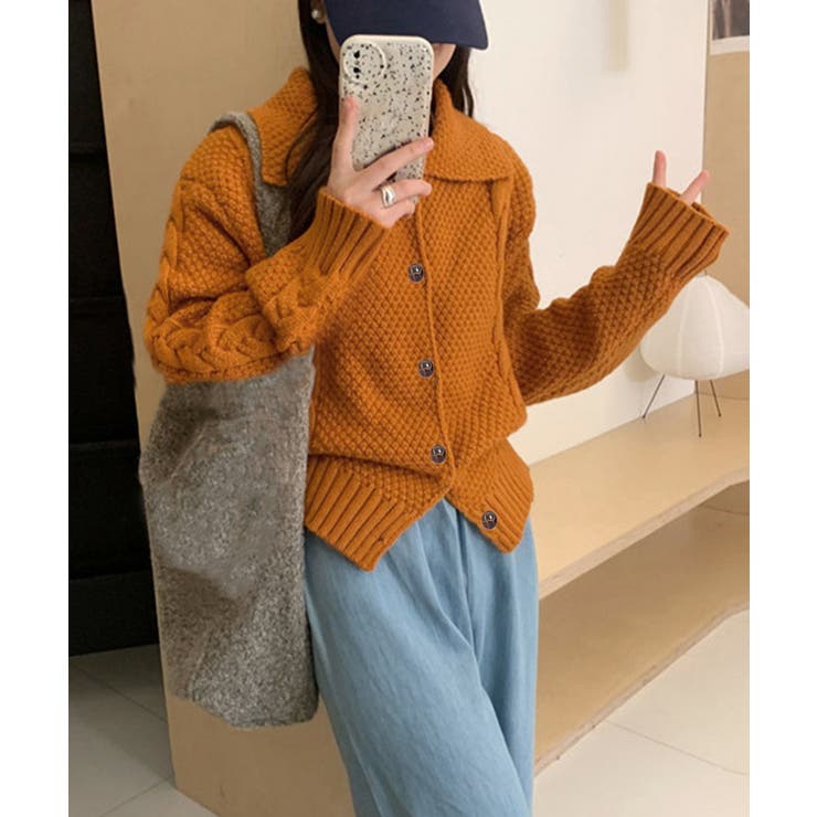 オレンジ | ケーブル編みニットカーディガン ビッグ襟 | Miniministore