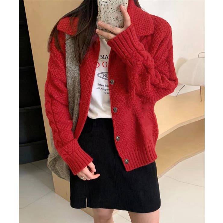 レッド | ケーブル編みニットカーディガン ビッグ襟 | Miniministore
