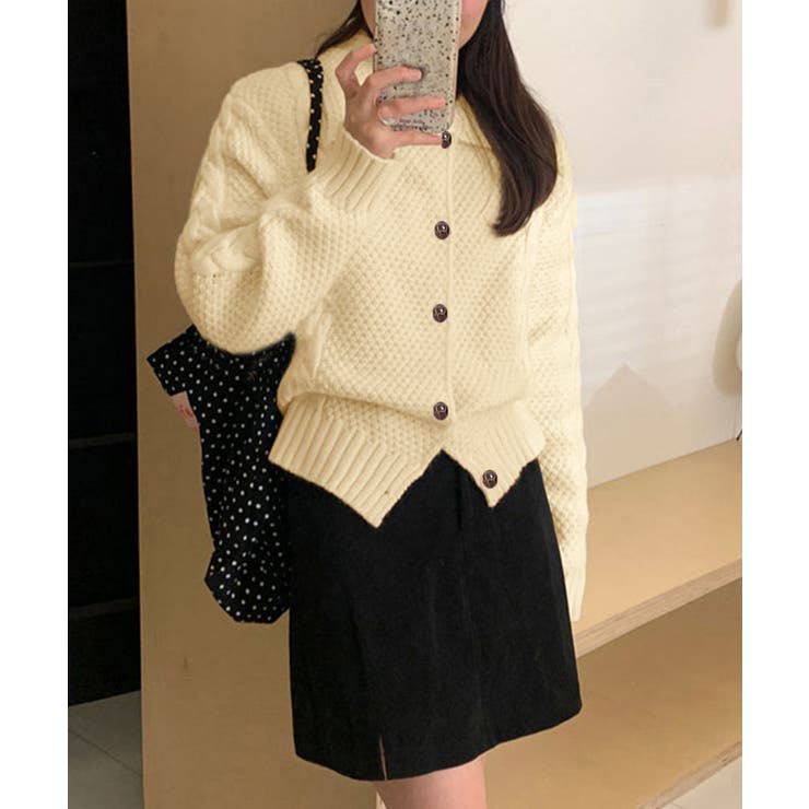 ライトイエロー | ケーブル編みニットカーディガン ビッグ襟 | Miniministore