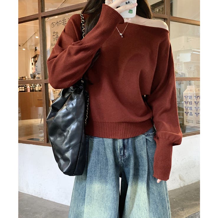ワインレッド | ボートネックニットトップスオフショルダー | Miniministore