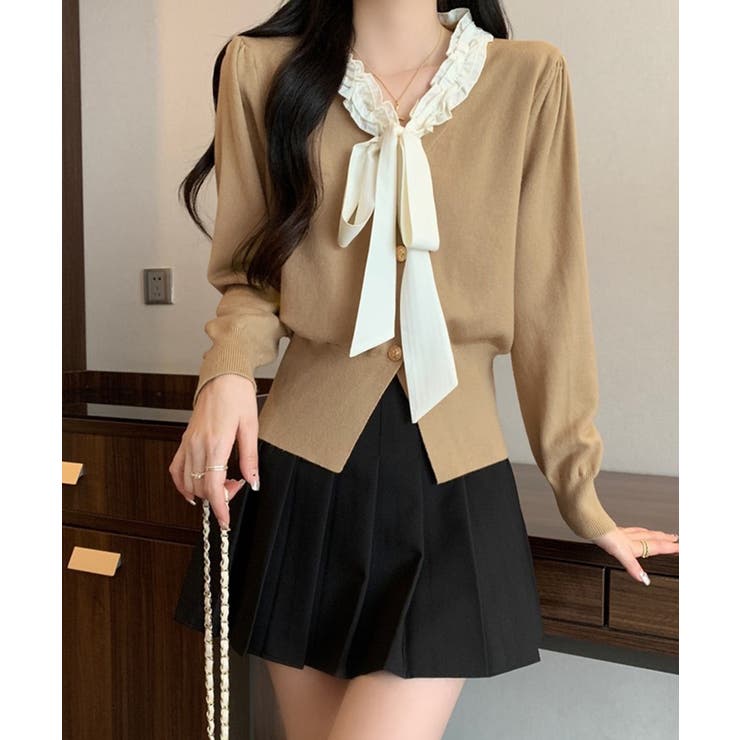 ダークベージュ | ボウタイニットトップス フリル襟 ニット | SUNSHINE CLOSET