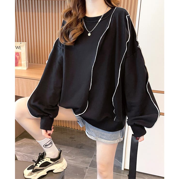 ブラック | ステッチスウェット ゆったり トレーナー | Miniministore