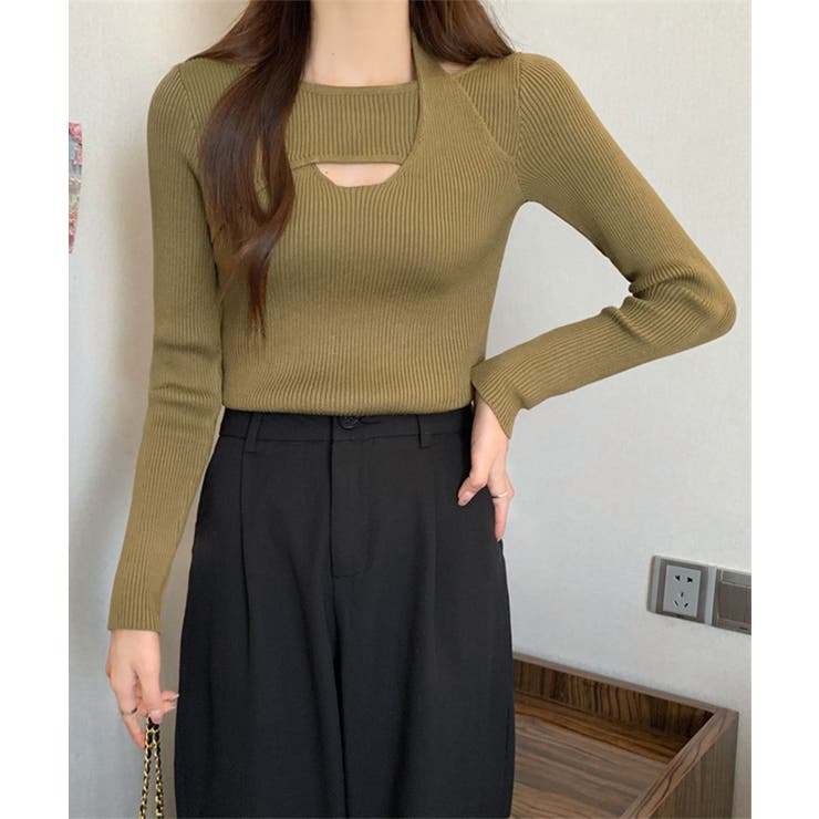 オリーブ | ニットトップス ホルターネックリブニット | Miniministore