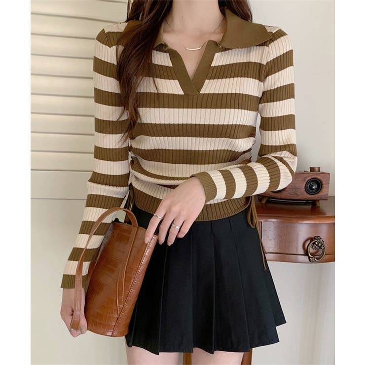 オリーブ（ボーダー） | ポロニットドローストリングリブニット薄手 | Miniministore