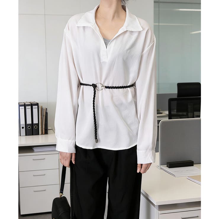 ホワイト | レイヤード風シャツブラウスベルト付き春服 | Miniministore