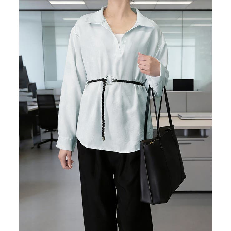 ミント（淡色） | レイヤード風シャツブラウスベルト付き春服 | Miniministore