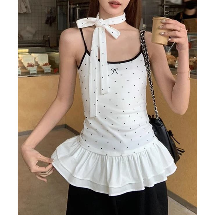 ホワイト | ドット柄キャミソール チョーカー付き夏服 | Miniministore