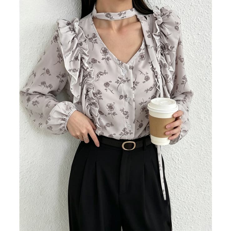 グレイッシュベージュ | フリル花柄シャツブラウス リボンタイ付き | Miniministore