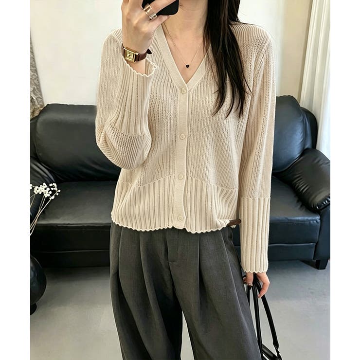 ベージュ | シアーカーディガン透かし編みニットトップ | Miniministore