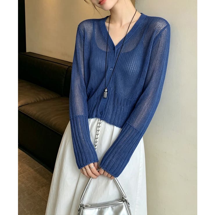 ロイヤルブルー | シアーカーディガン透かし編みニットトップ | Miniministore