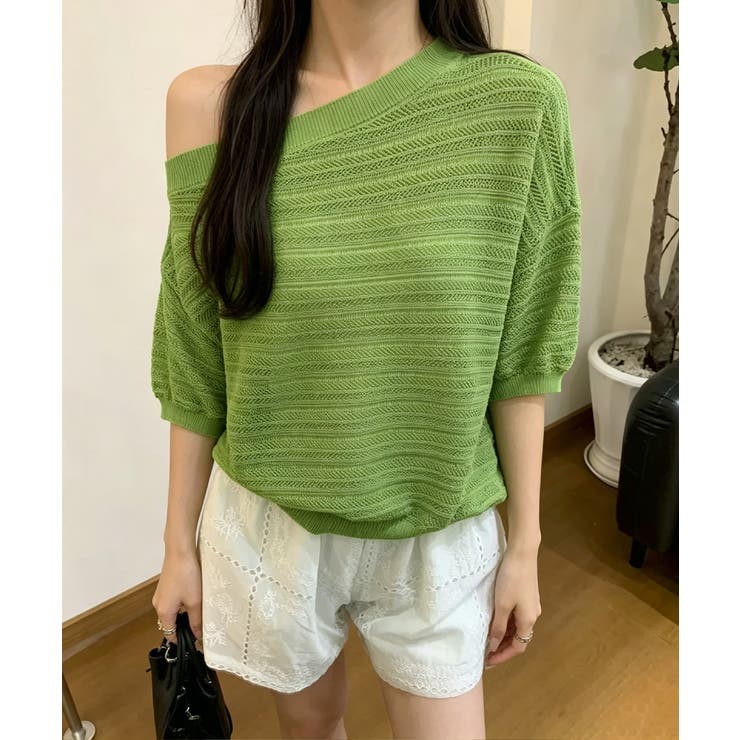 グリーン | ニットトップスオフショルダーサマーニット | Miniministore