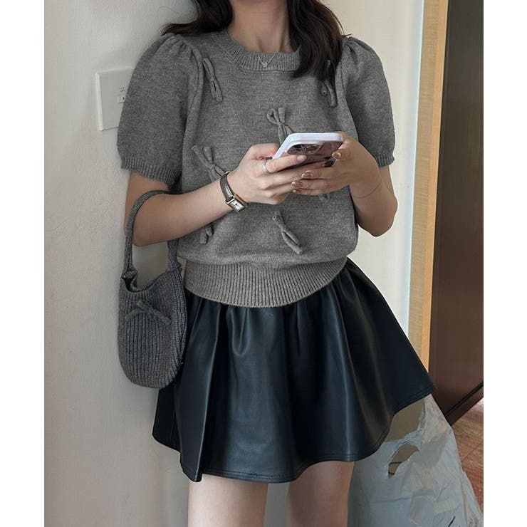 グレー | リボン付きニットトップスクルーネック夏服 | Miniministore