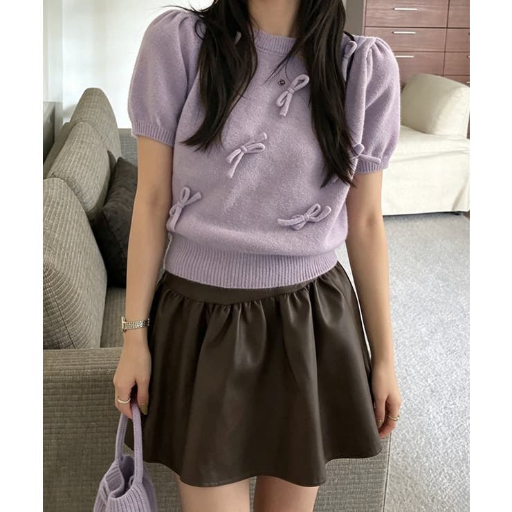 ラベンダー | リボン付きニットトップスクルーネック夏服 | Miniministore