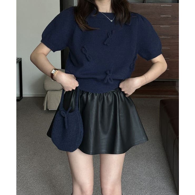 ネイビー | リボン付きニットトップスクルーネック夏服 | Miniministore