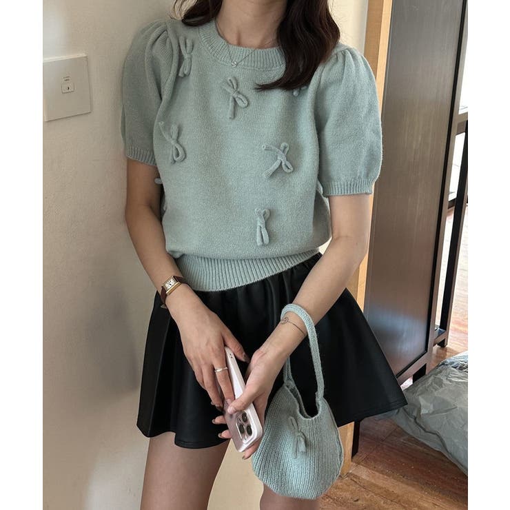 ミント | リボン付きニットトップスクルーネック夏服 | Miniministore