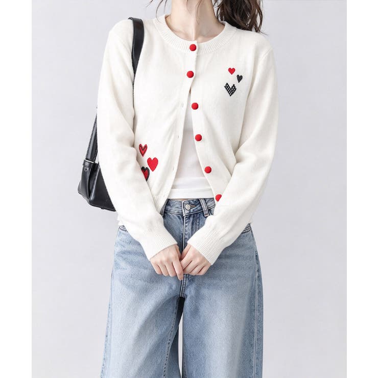 ホワイト | ハートワンポイントニットカーディガン秋冬 | Miniministore