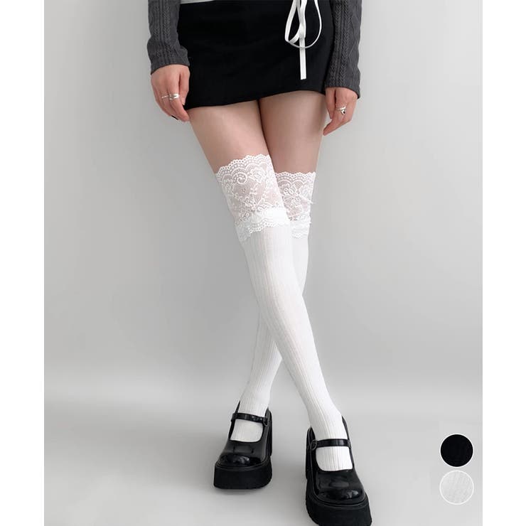 売れ筋がひ新作！ ニーハイソックス花柄レース切り替え靴下[品番：II000012376 レッグウェア