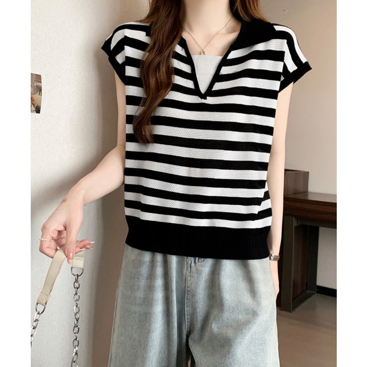 ボーダー柄サマーニット フレンチスリーブ | Miniministore | 詳細画像6 