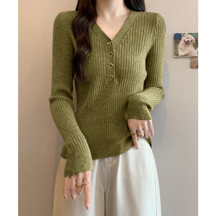 Vネックリブニットトップス ハーフボタン | Miniministore | 詳細画像11 