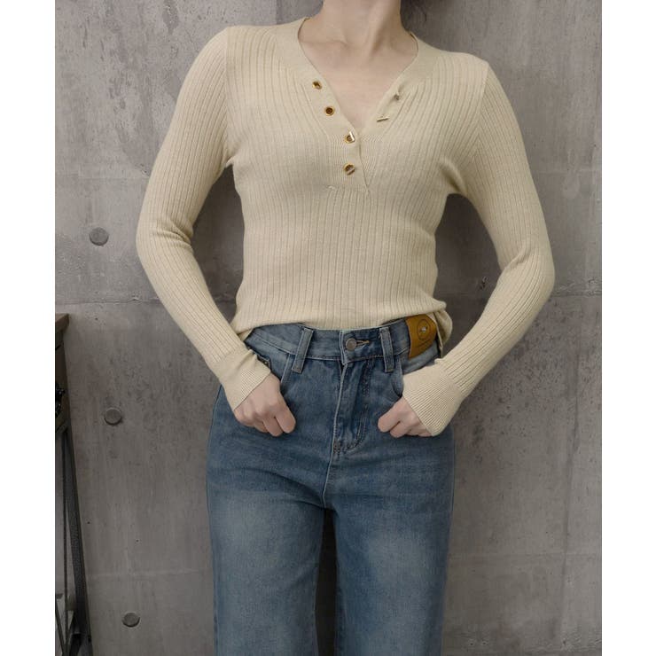 Vネックリブニットトップス ハーフボタン | Miniministore | 詳細画像13 