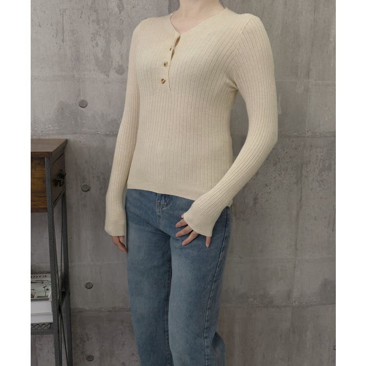 Vネックリブニットトップス ハーフボタン | Miniministore | 詳細画像14 