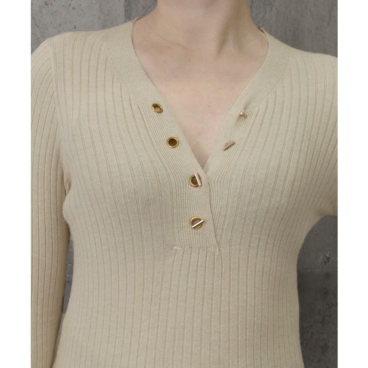 Vネックリブニットトップス ハーフボタン | Miniministore | 詳細画像15 