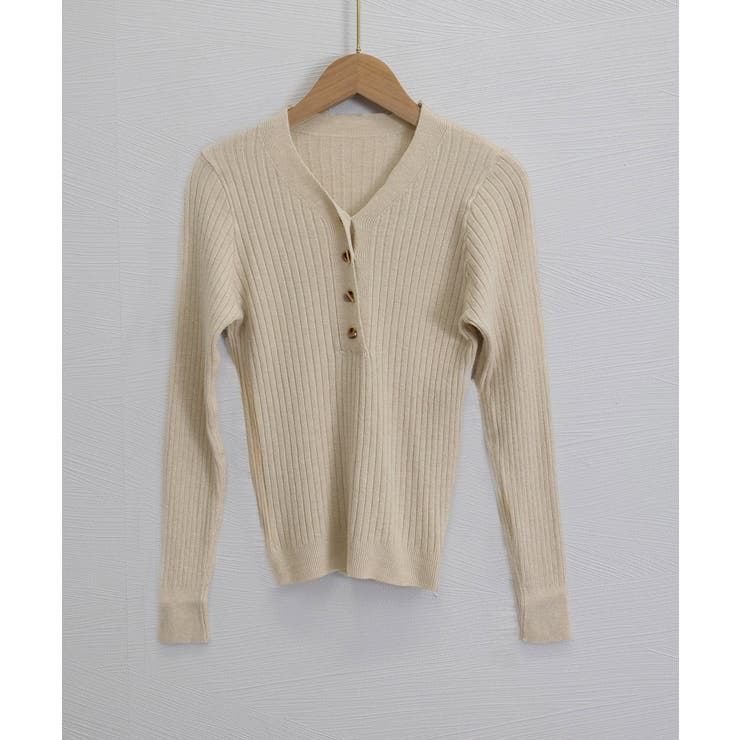 Vネックリブニットトップス ハーフボタン | Miniministore | 詳細画像18 