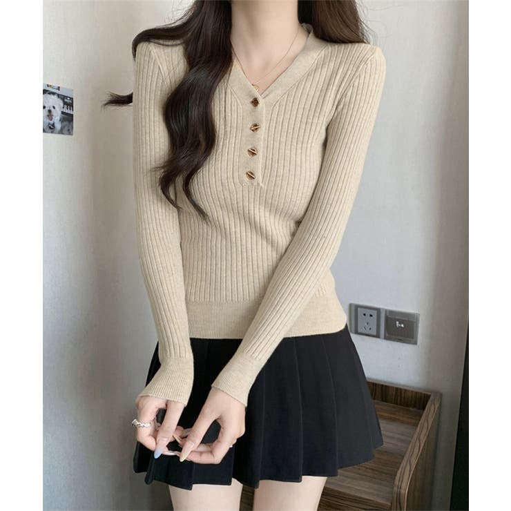 Vネックリブニットトップス ハーフボタン | Miniministore | 詳細画像2 