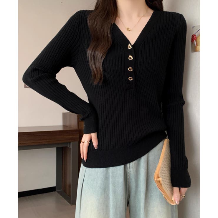 Vネックリブニットトップス ハーフボタン | Miniministore | 詳細画像4 