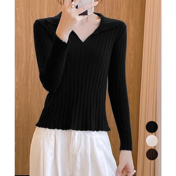 ポロカラー リブニットトップス Vネック | Miniministore | 詳細画像1 