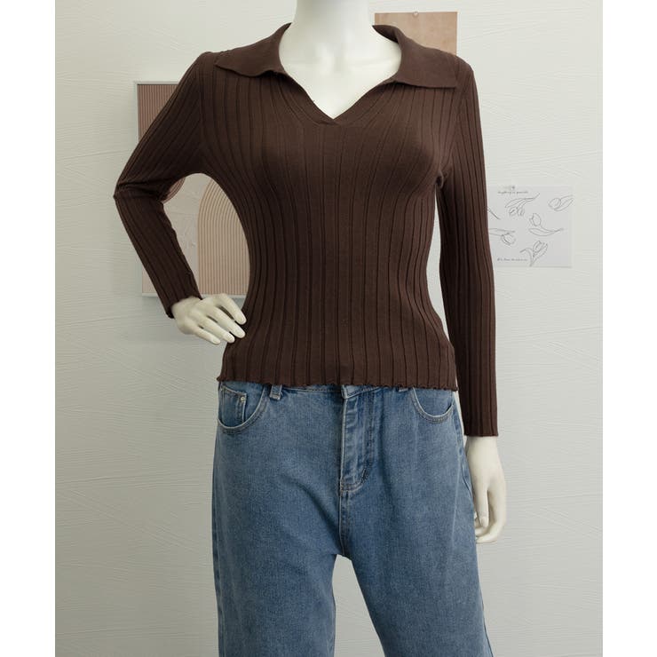 ポロカラー リブニットトップス Vネック | Miniministore | 詳細画像13 