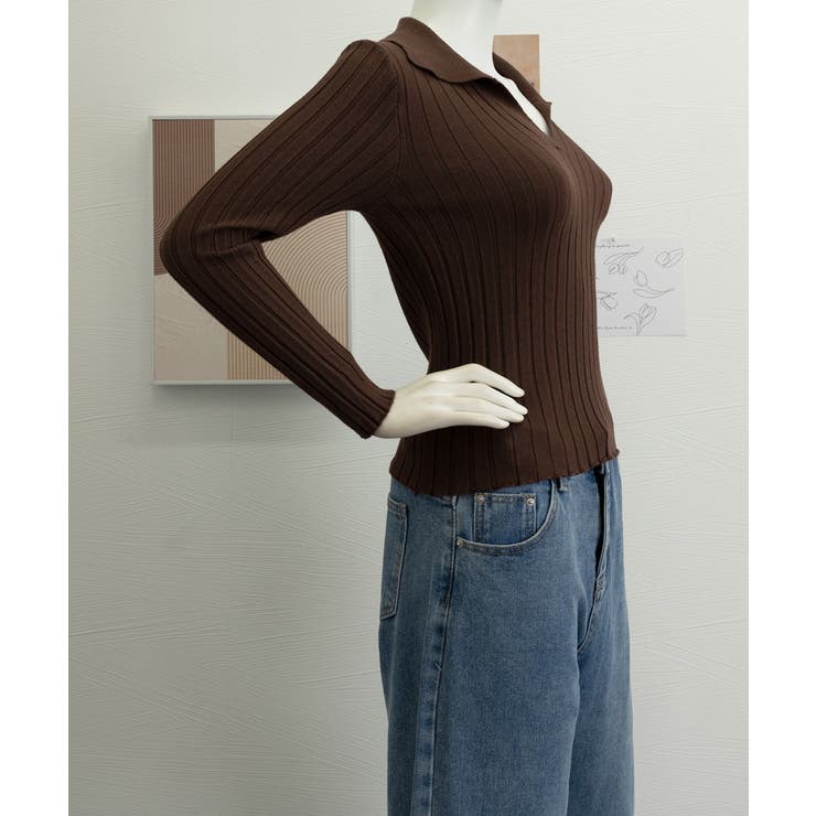 ポロカラー リブニットトップス Vネック | Miniministore | 詳細画像14 