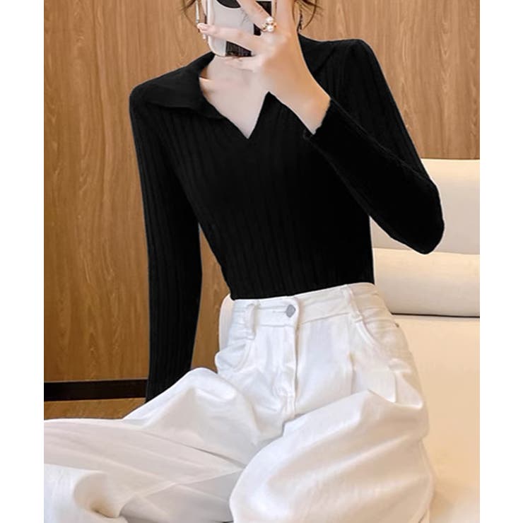 ポロカラー リブニットトップス Vネック | Miniministore | 詳細画像3 