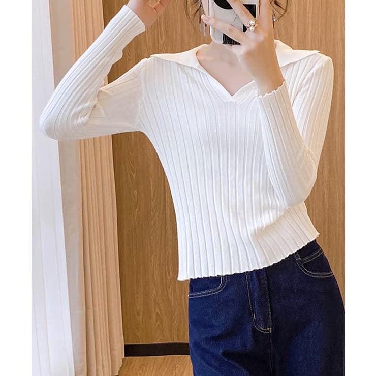 ポロカラー リブニットトップス Vネック | Miniministore | 詳細画像6 