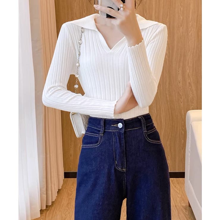 ポロカラー リブニットトップス Vネック | Miniministore | 詳細画像7 