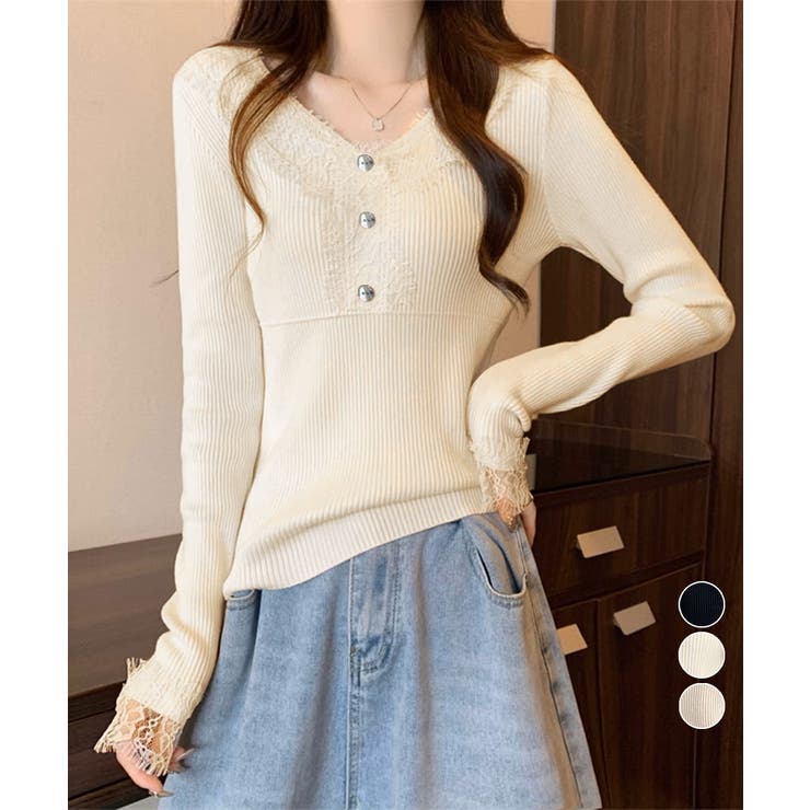 ニットトップス レース切り替えリブニット | Miniministore | 詳細画像1 