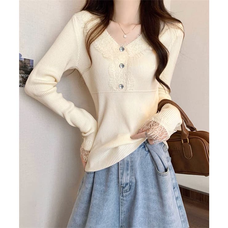 ニットトップス レース切り替えリブニット | Miniministore | 詳細画像2 