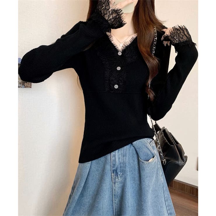 ニットトップス レース切り替えリブニット | Miniministore | 詳細画像7 